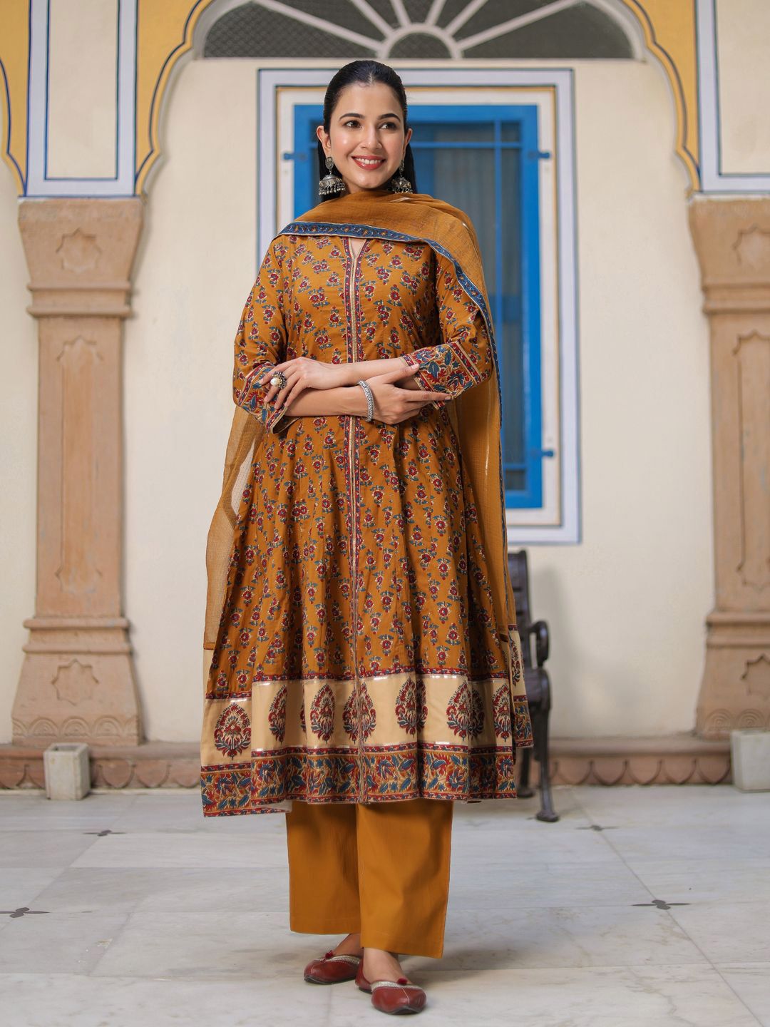 Dhiyona RR Women's Ethnic Motifs Printed Cotton Anarkali Kurta with Trousers & Dupatta