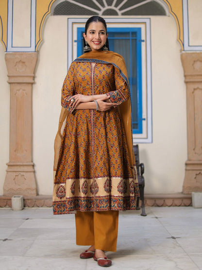 Dhiyona RR Women's Ethnic Motifs Printed Cotton Anarkali Kurta with Trousers & Dupatta