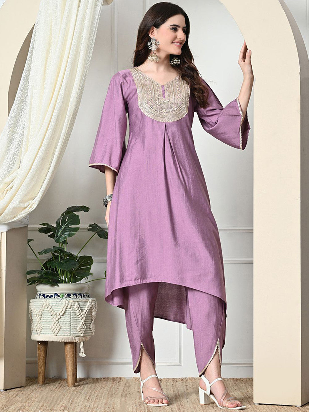 Women Sequined V-Neck A-Line Kurta With Dhoti Pants & Dupatta Set
