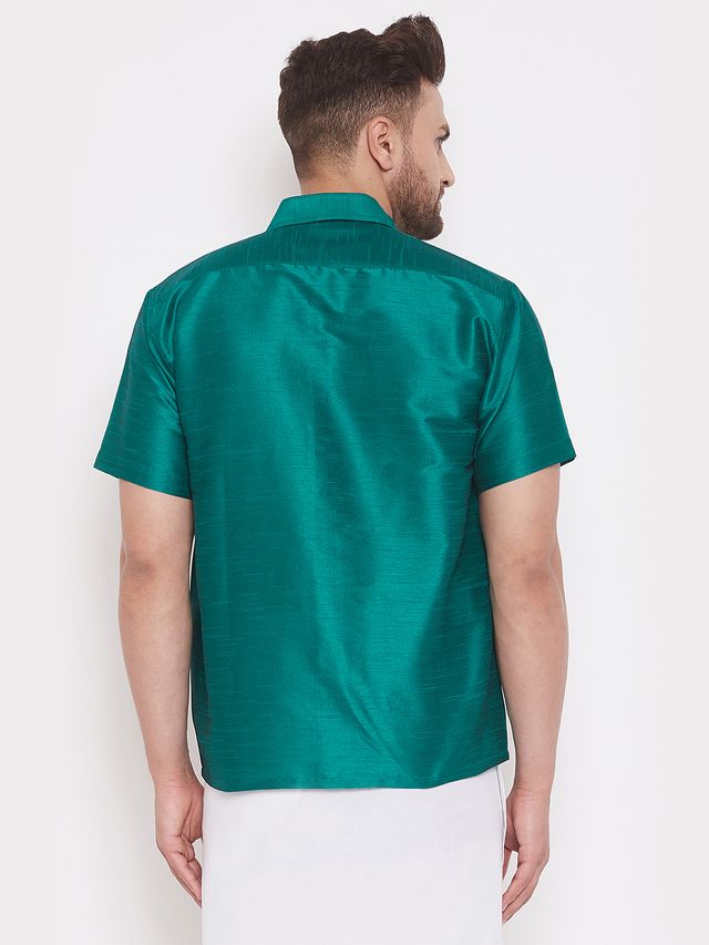 Men's Green Silk Blend Straight Ethnic Shirt