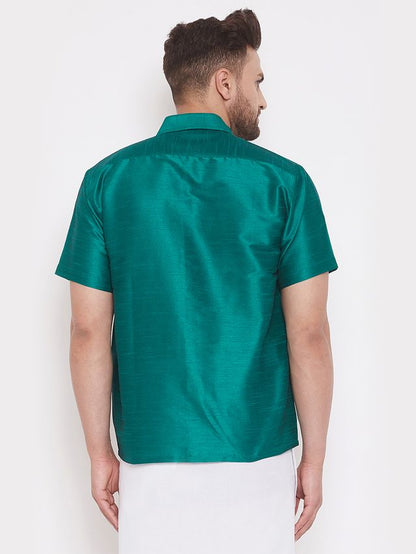 Men's Green Silk Blend Straight Ethnic Shirt