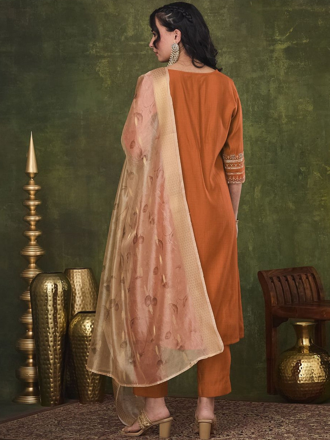 Embroidered Notched Neck Kurta & Trousers With Dupatta