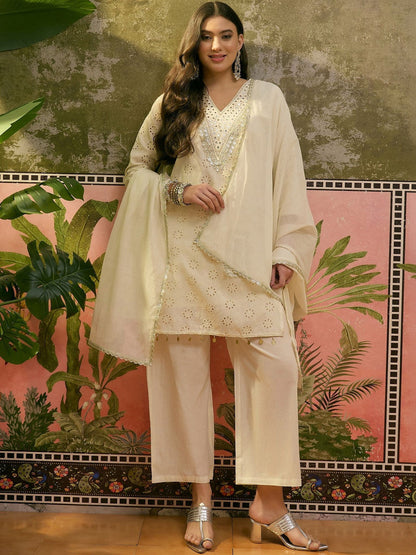 Embroidered Pure Cotton V-Neck Kurta & Trousers With Dupatta