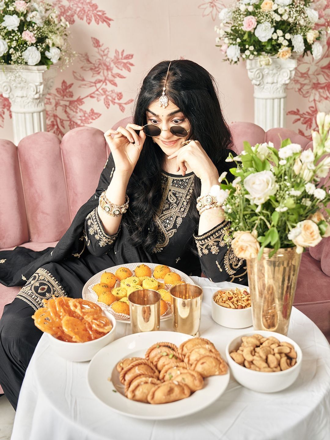 Dhiyona CH Floral Embroidered Straight Sequinned Kurta With Dhoti Pants & Dupatta