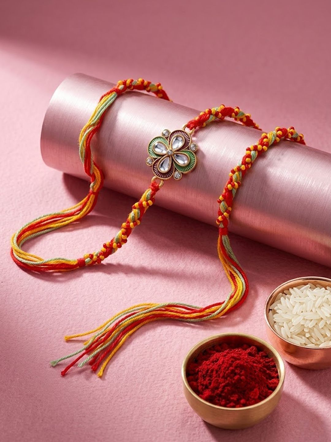 Dhiyona Traditional Artificial Stones Thread Rakhi With Roli Chawal Chandan Mishri