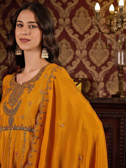 Dhiyona CH Ethnic Motifs Embroidered Round Neck Anarkali Kurta With Trousers & Dupatta