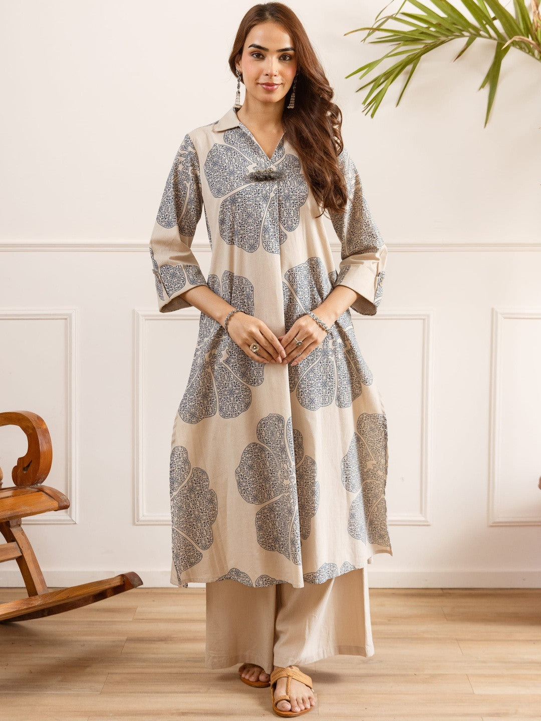 Printed Shirt Collar Kurta & Palazzos Kurta Set