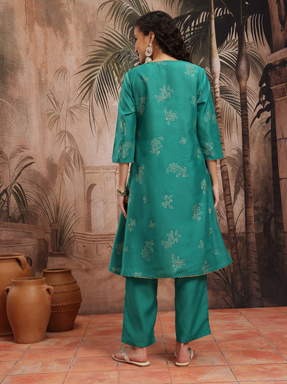 Floral Foil Printed A-Line Kurta with Trousers
