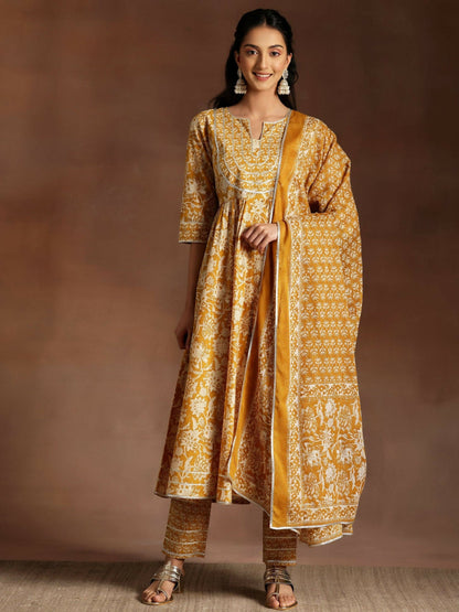 Women's LB Mustard Printed Cotton Anarkali Suit With Dupatta