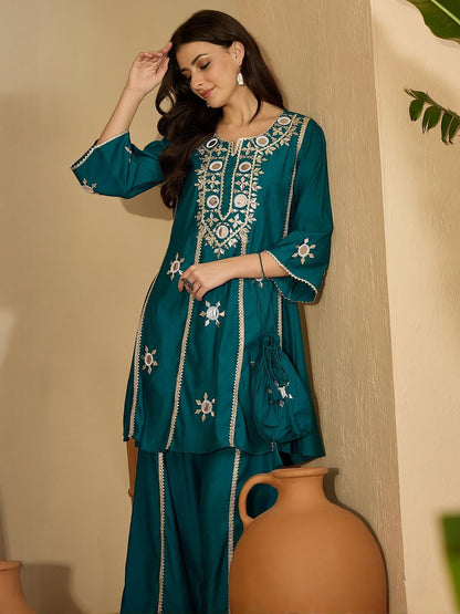 Women Floral Embroidered Regular Mirror Work Kurta with Palazzos