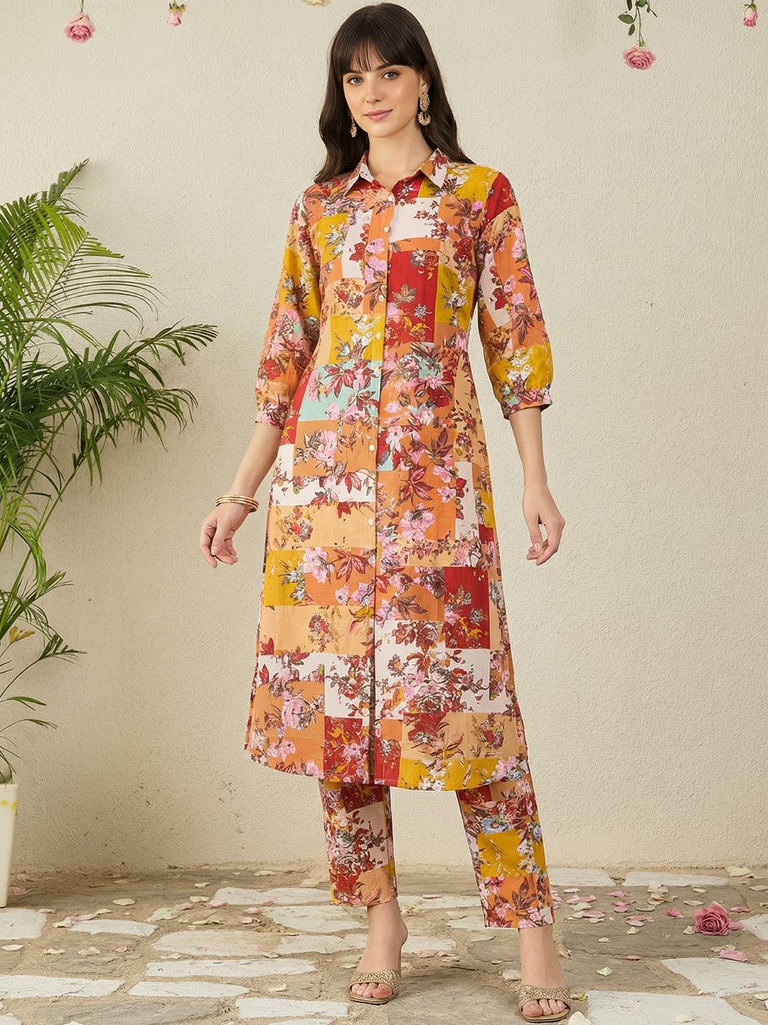 Floral Printed Pure Cotton Multi Kurta With Trousers