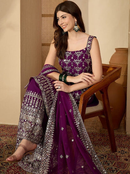 Dhiyona SN Ethnic Motifs Embroidered Sequinned Straight Kurta with Sharara & Dupatta