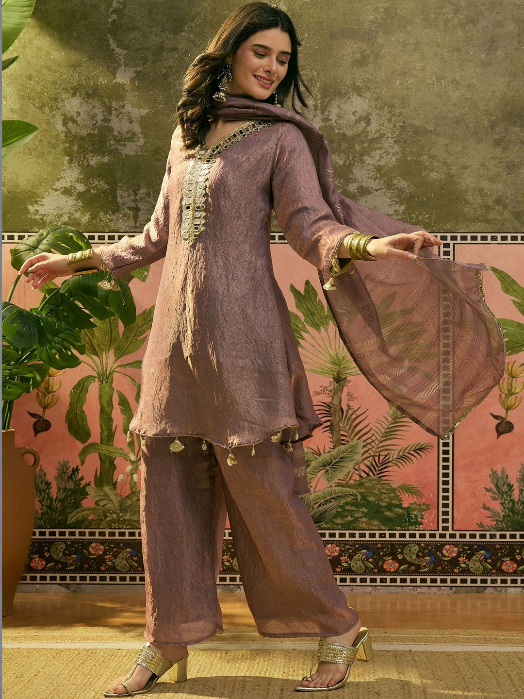 Embroidered V-Neck Kurta Palazzos & Dupatta