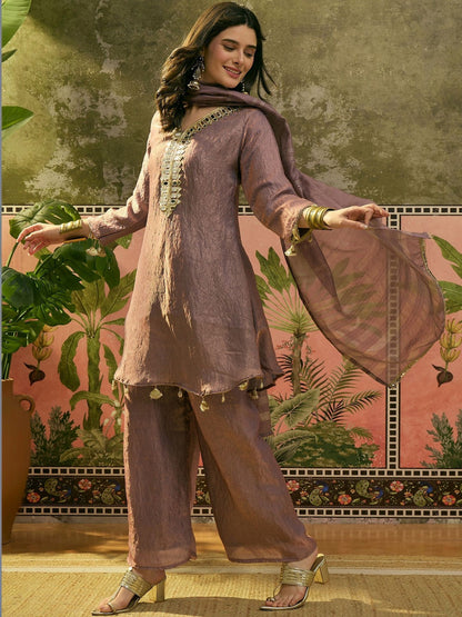 Embroidered V-Neck Kurta Palazzos & Dupatta