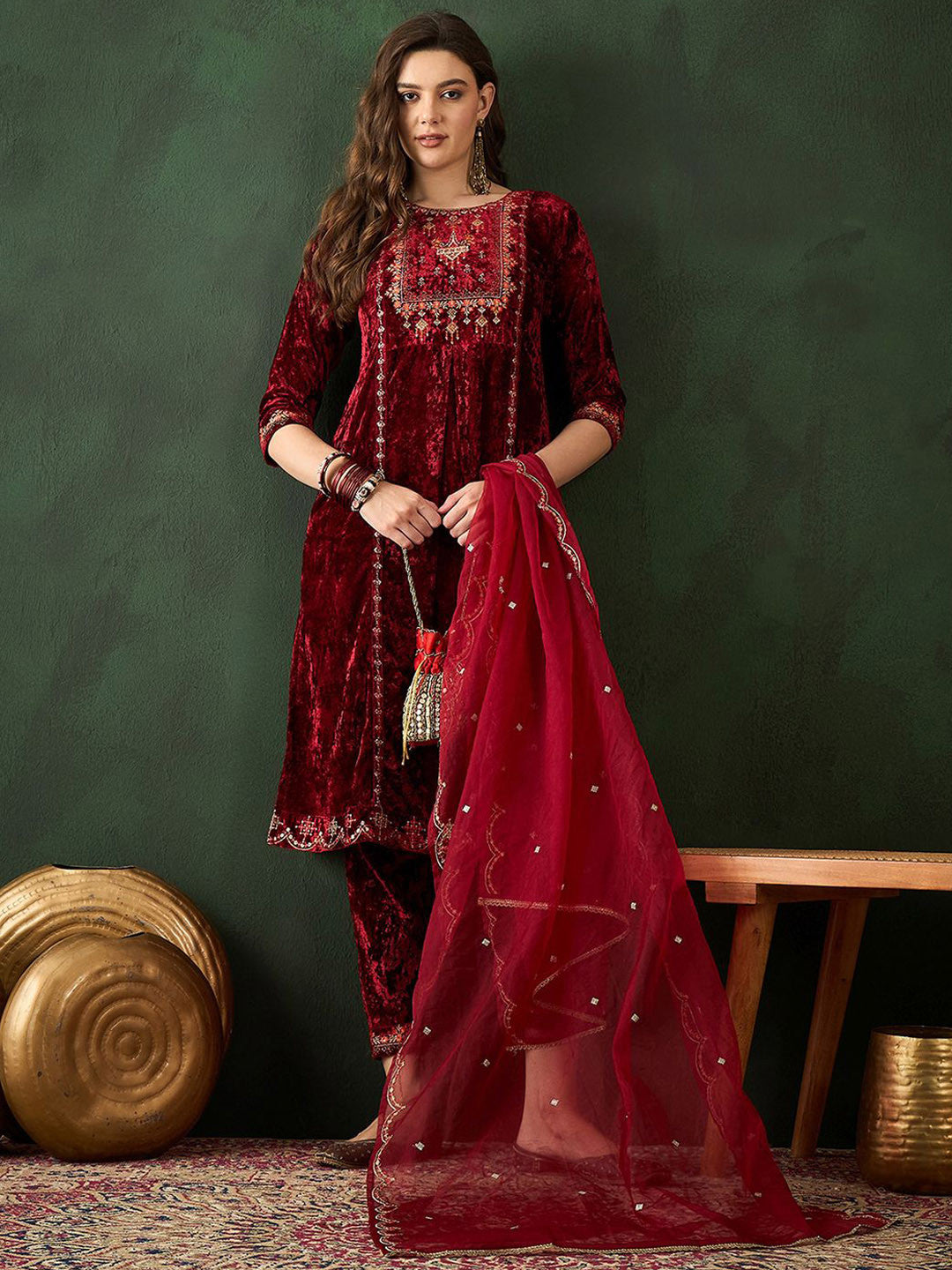 Embroidered A-Line Kurta & Trousers With Dupatta