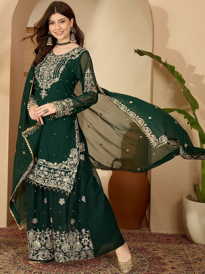 Dhiyona SN Women Floral Embroidered Thread Work Georgette Kurta With Sharara & Dupatta