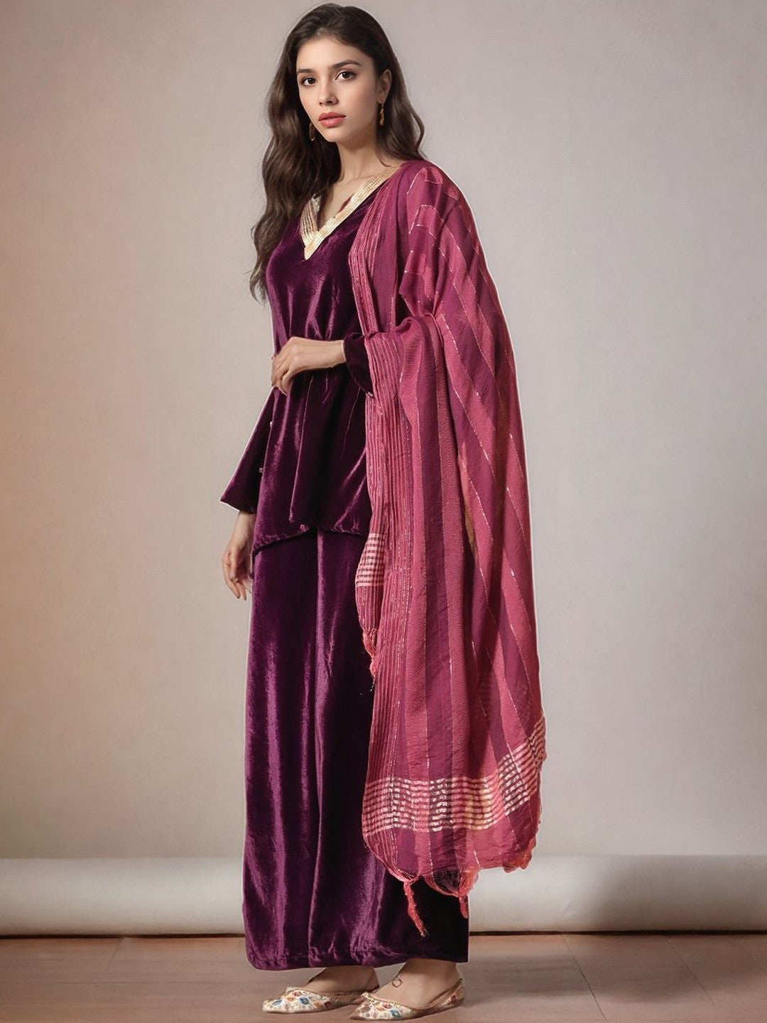 Velvet V-Neck Kurti & Palazzos with Dupatta Set