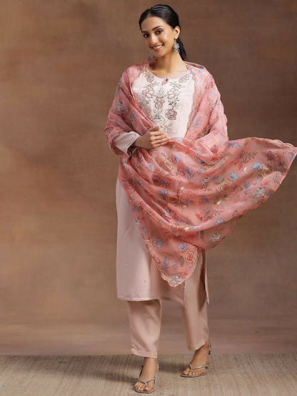 Women's LB Peach Yoke Design Silk Blend Straight Suit With Dupatta