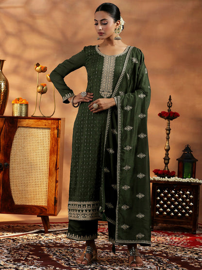 Women's LB Green Embroidered Silk Blend Straight Suits With Dupatta