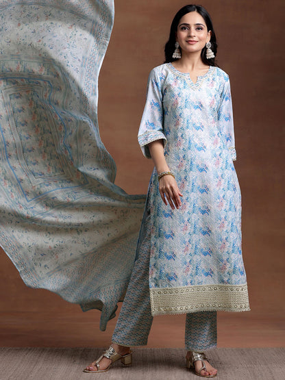 Women Printed Regular Thread Work Kurta with Trousers & With Dupatta