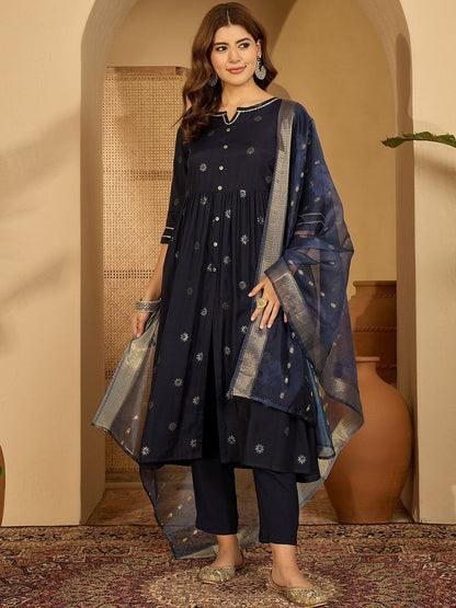 Women Navy Blue Printed Kurta Sets With Dupatta
