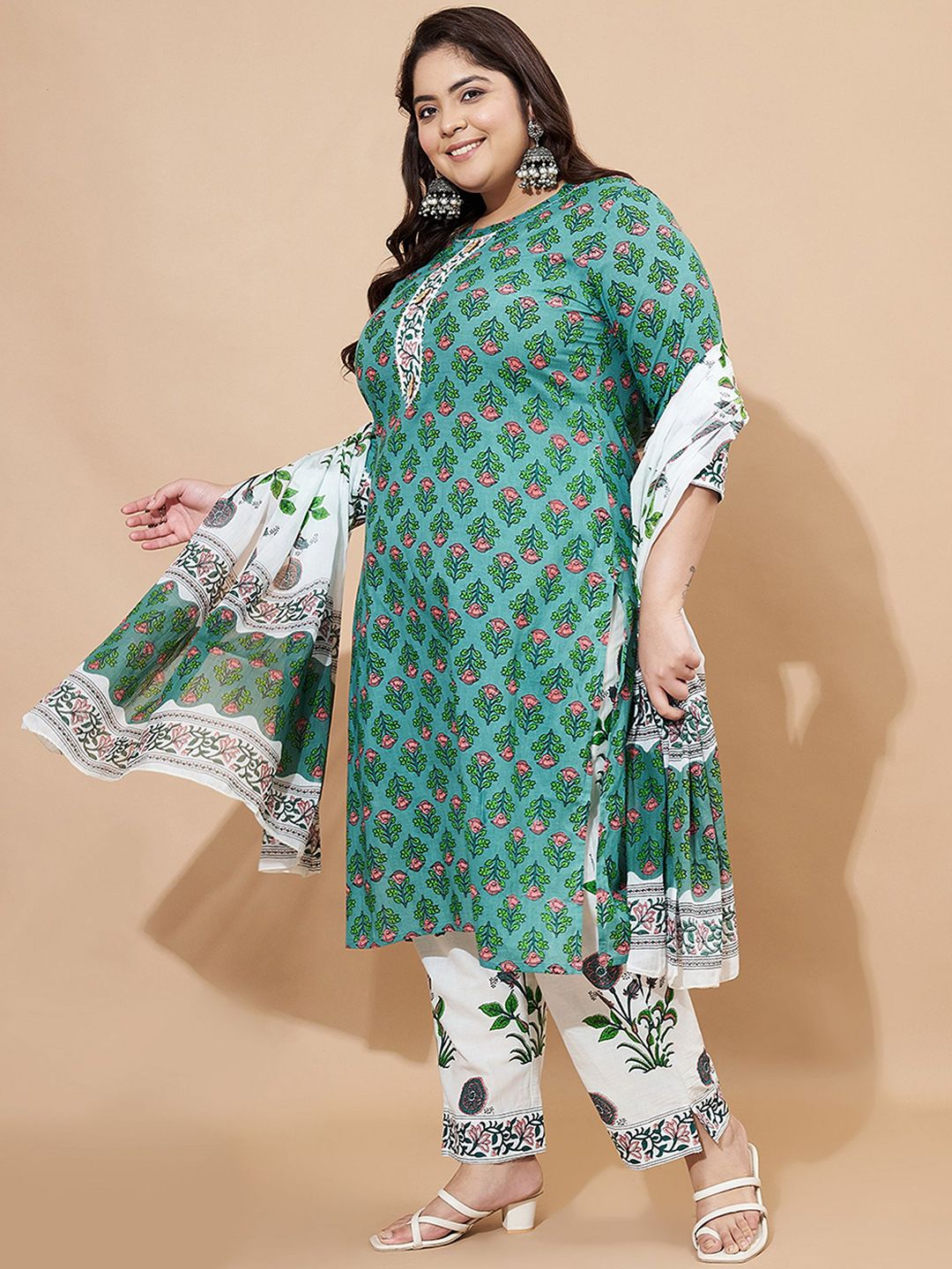 Dhiyona KL Floral Printed Pure Cotton Straight Kurta With Palazzos And Dupatta