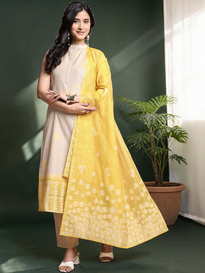 Floral Woven Design Mandarin Collar Kurta & Trousers With Dupatta