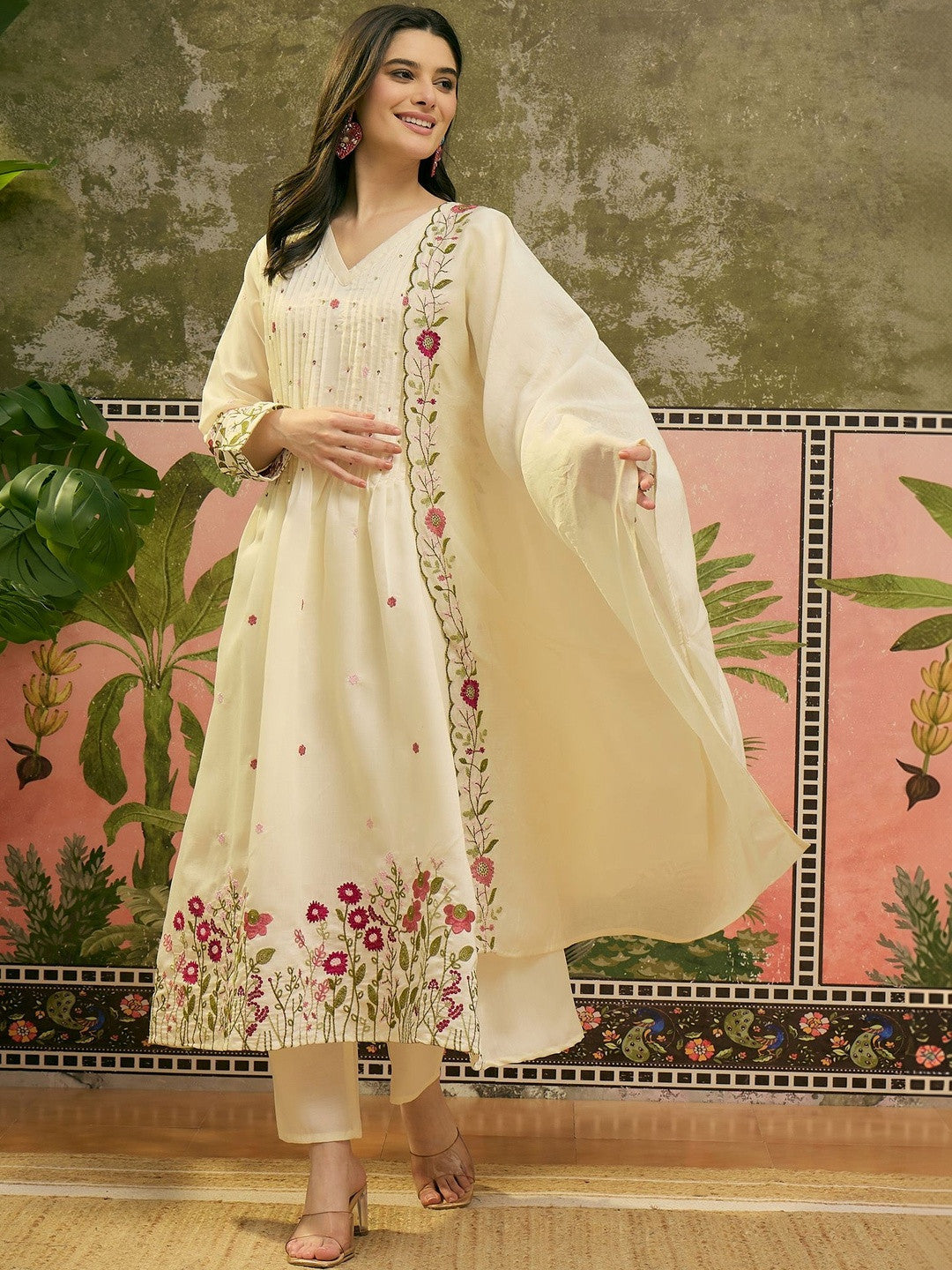 Embroidered V-Neck Kurta & Trousers with Dupatta Set