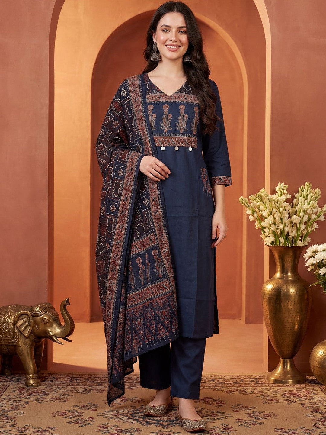 Women Ethnic Motifs Printed Regular Pure Cotton Kurta with Trousers & With Dupatta