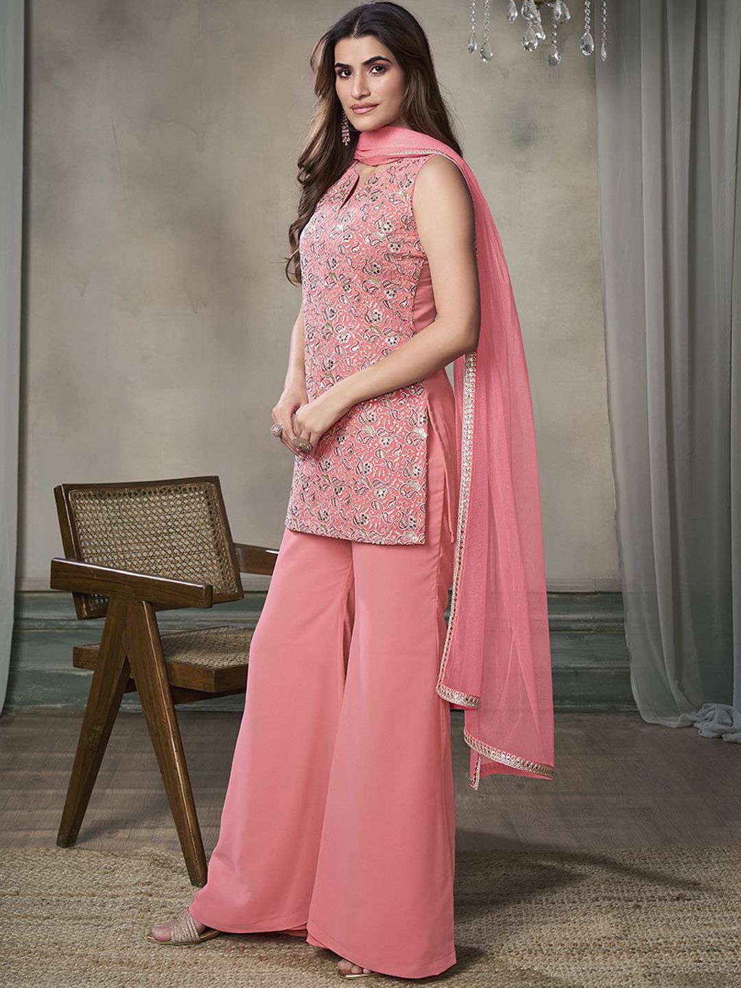 Dhiyona IN Paisley Embroidered Notch Neck Georgette Straight Kurta & Sharara with Dupatta