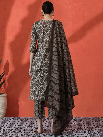 Floral Embroidered Straight Pure Cotton Kurta With Trousers & Dupatta
