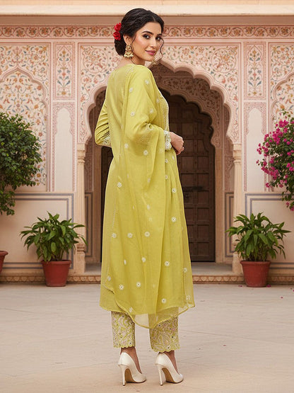 Dhiyona KL Ethnic Motifs Embroidered Pleated Thread Work Kurta with Palazzos & With Dupatta
