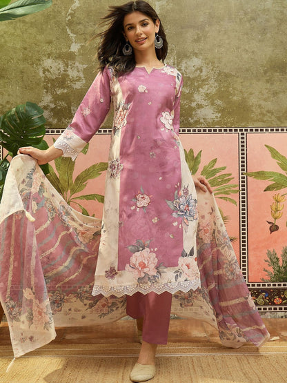 Women Floral Printed Regular Linen Kurta with Trousers & With Dupatta