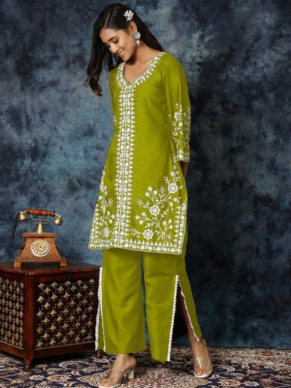 Chikankari Embroidered A-Line Kurta & Palazzos