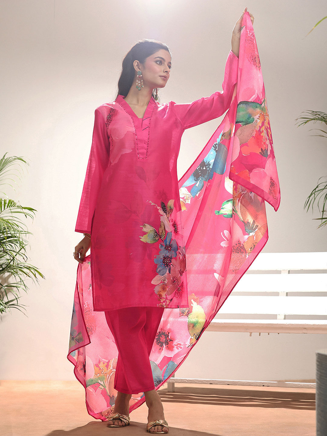 Red Floral Printed Straight Suit Set