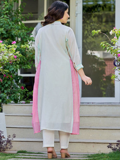 Dhiyona IE Floral Printed Pure Cotton Mandarin Collar Tunic With Trousers