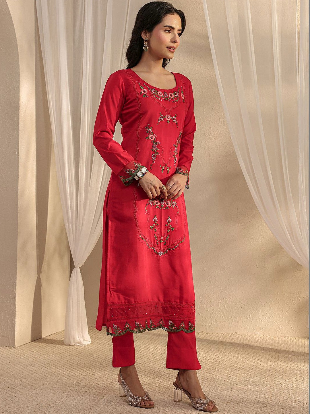 Red Floral Embroidered Straight Suit Set with Dupatta
