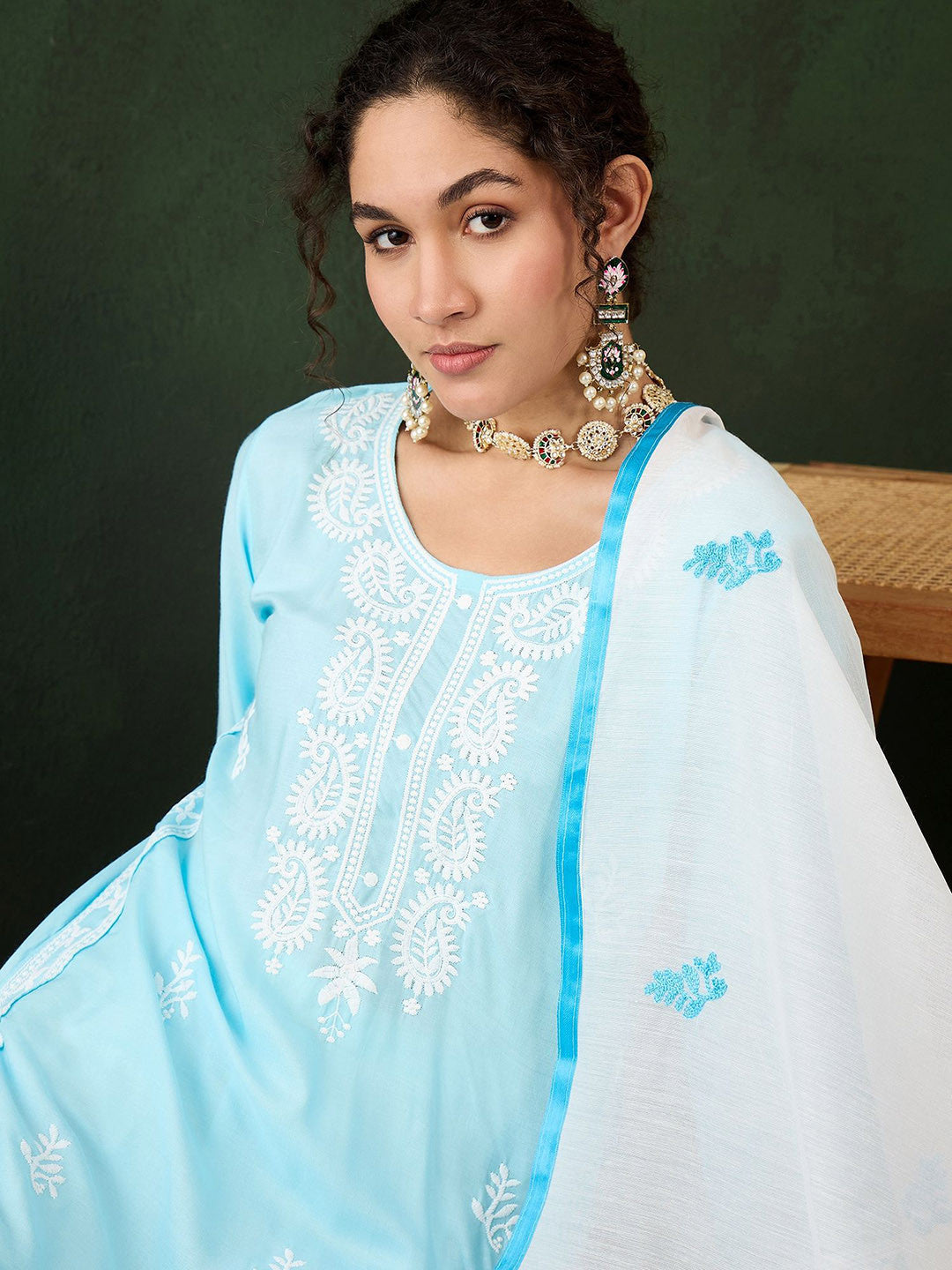 Ethnic Motifs Embroidered Thread Work Pure Cotton Kurta with Trousers & Dupatta