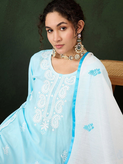 Ethnic Motifs Embroidered Thread Work Pure Cotton Kurta with Trousers & Dupatta