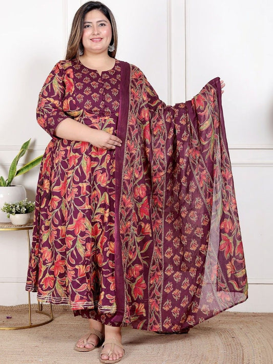Dhiyona KL Women Floral Printed Tiered Pure Cotton Kurta with Pyjamas & With Dupatta