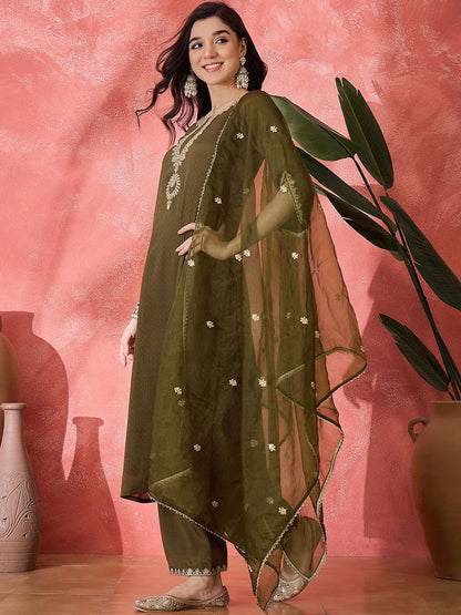 Dhiyona SN Ethnic Motifs Embroidered Straight Kurta with Palazzos & With Dupatta