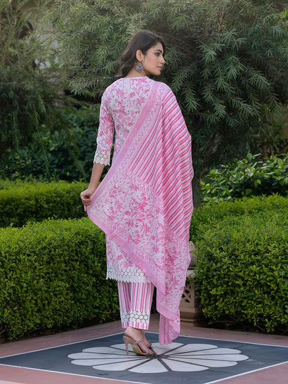 Dhiyona KL Women Floral Printed Regular Pure Cotton Kurta with Trousers & With Dupatta