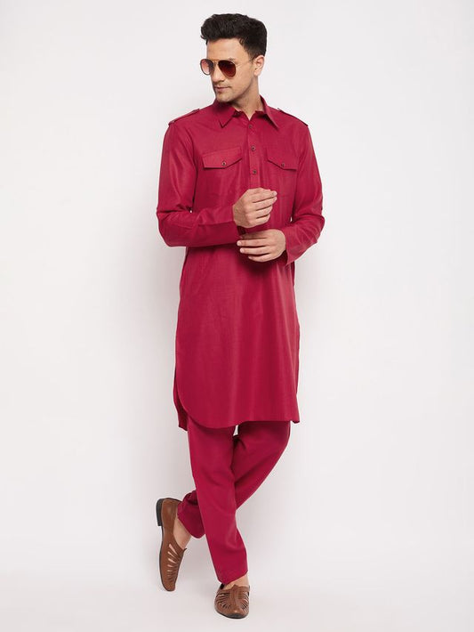 Men's Maroon Cotton Blend Pathani Pathani Kurta Set