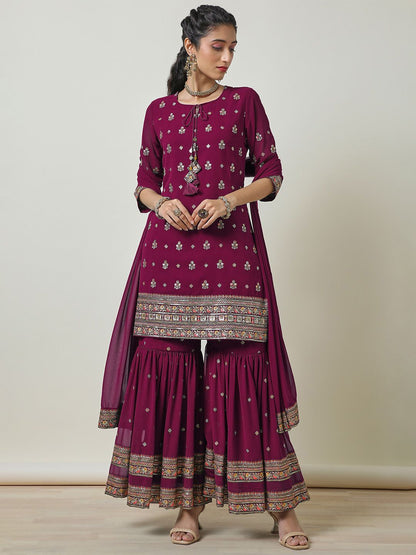 Dhiyona SO Women's Floral Embroidered Georgette Straight Kurti With Sharara & Dupatta