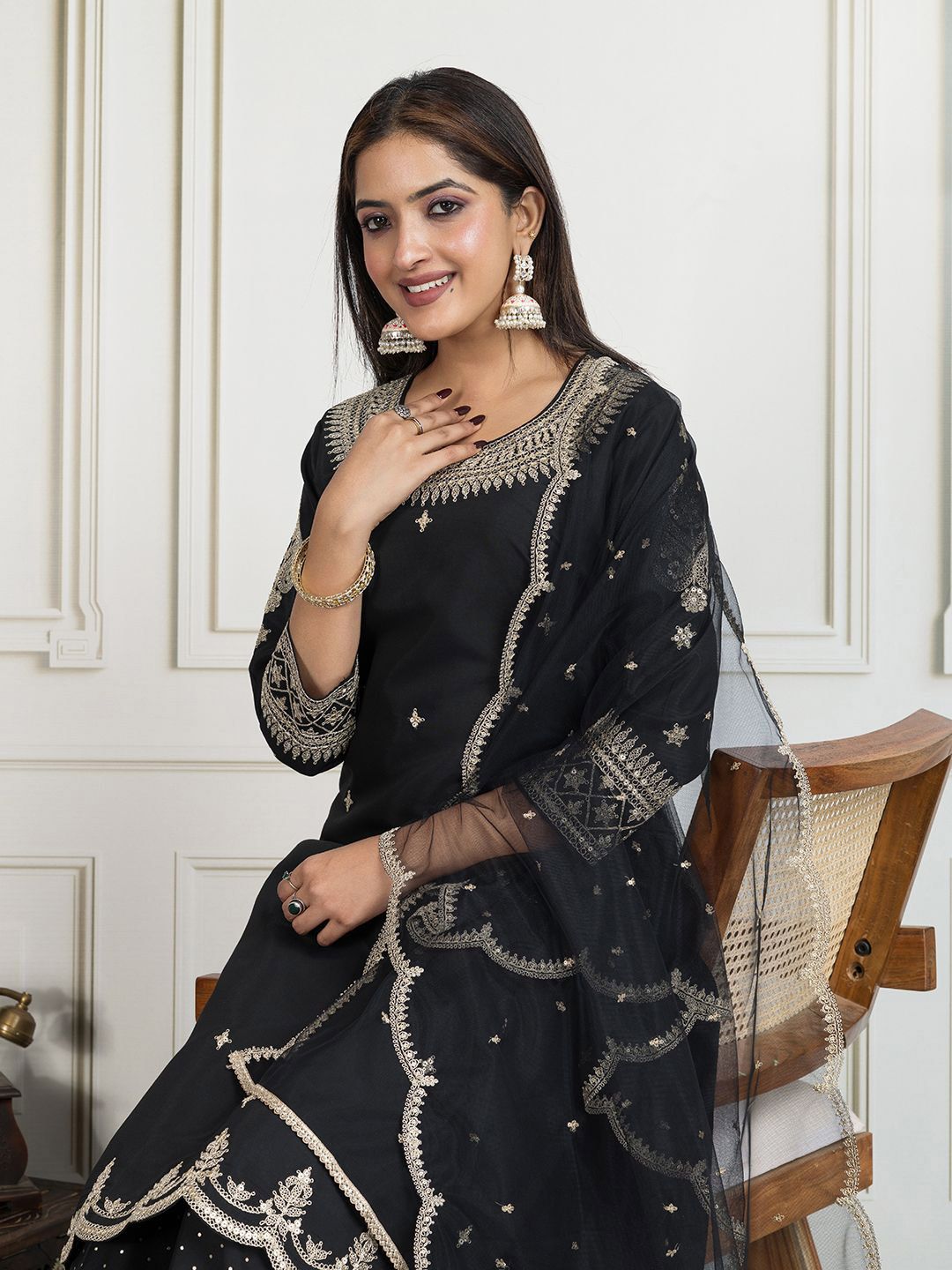 Dhiyona IN Women Ethnic Motifs Embroidered Regular Sequinned Kurta with Palazzos & Dupatta