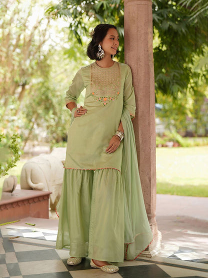 Dhiyona SC Floral Yoke Design Zari Chanderi Silk Straight Kurti With Sharara & Dupatta