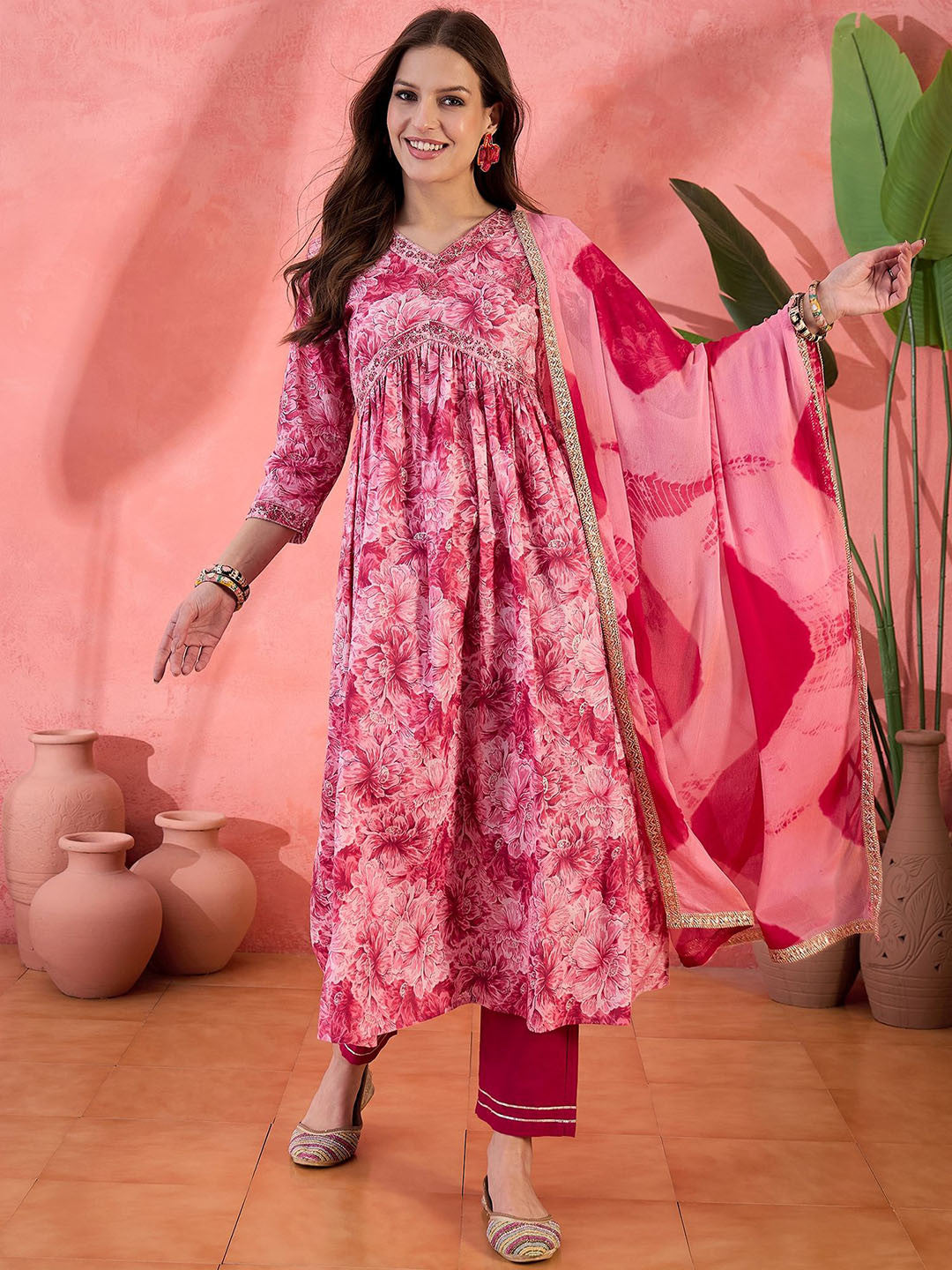 Pink Floral Printed Empire V-Neck Pure Cotton Kurta With Trouser And Dupatta