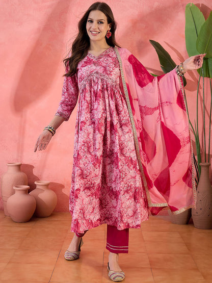Pink Floral Printed Empire V-Neck Pure Cotton Kurta With Trouser And Dupatta