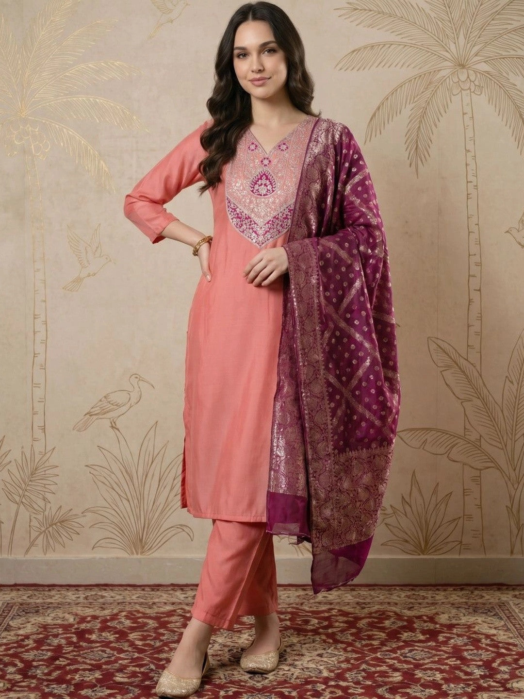 Dhiyona SN Women Ethnic Motifs Embroidered Regular Thread Work Kurta with Trousers & With Dupatta
