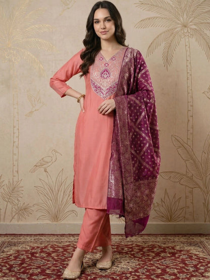 Women Ethnic Motifs Embroidered Regular Thread Work Kurta with Trousers & With Dupatta